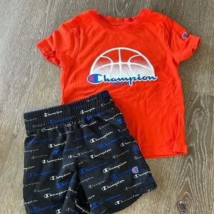 Champion Orange Tee and Black Logo Shorts Set